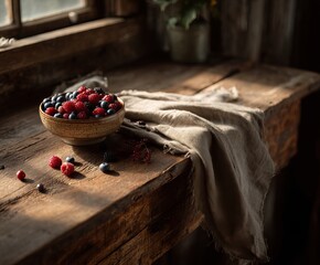 wooden farmhouse table with linen napkin, small ceramic bowl overflowing with mixed fresh berries