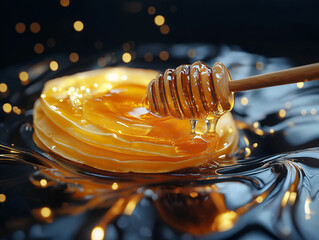 Golden honey drips from a dipper onto a shimmering surface