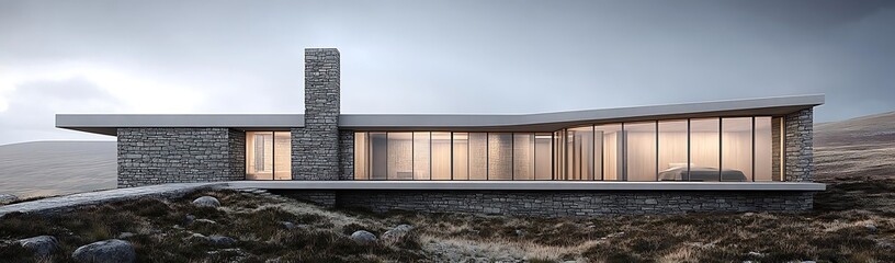 Modern stone house, Highland landscape. Architectural design