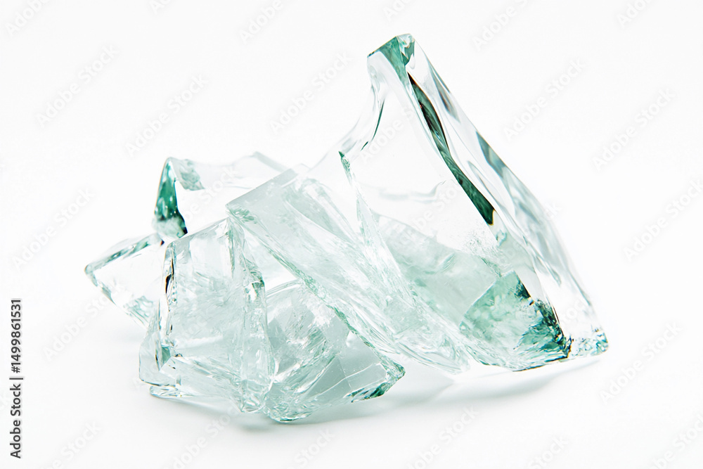 Poster clear glass shards scattered on a white surface generative ai