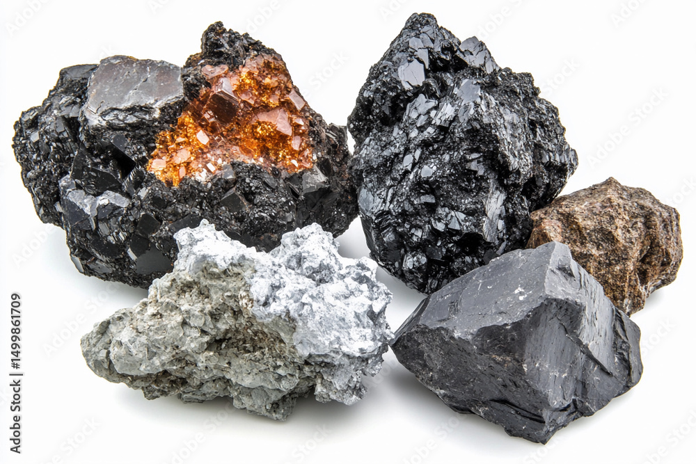 Poster Realistic depiction of various raw mineral ores with textures Generative AI