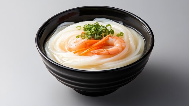 Udon noodles are served in a black bowl, garnished with shrimp, carrots, and green onions.