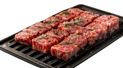 Thin slices of raw beef on a beef grill isolated.png