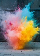 A dynamic explosion of vibrant colors, showcasing a cloud of rainbow-colored powder