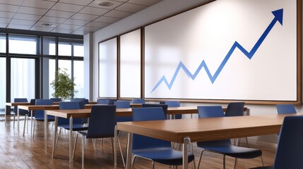 Modern conference room with wooden tables, blue chairs, and a growth chart on the wall