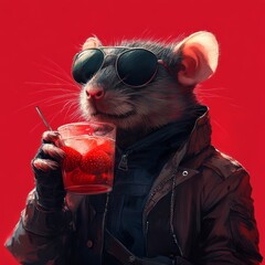 A Cool Rat Sipping a Strawberry Drink: A stylized image of an anthropomorphic rat with sunglasses, wearing a jacket, enjoying a refreshing beverage with a red background.