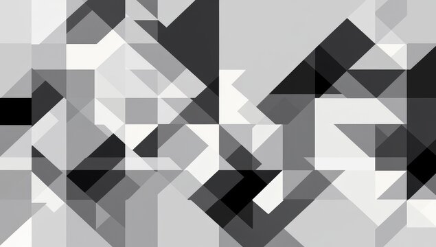 Abstract geometric pattern of overlapping triangles and squares in grayscale