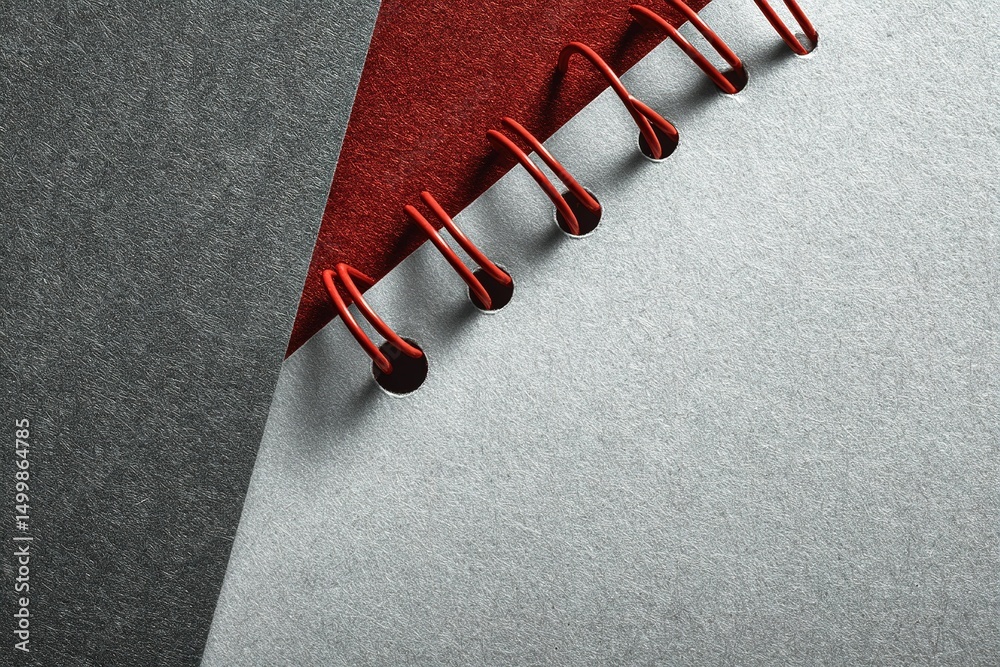 Poster Creative notebook with red spiral binding on textured gray paper background showcasing artistic design elements and color contrast