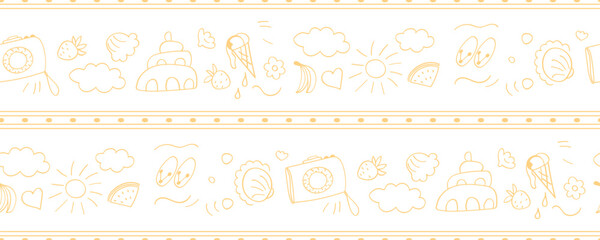 Seamless vector summer pattern in simple doodle style. Yellow lines on a white background.