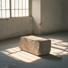 Rough-hewn stone block rests on a worn concrete floor in a sunlit industrial space, near a large window