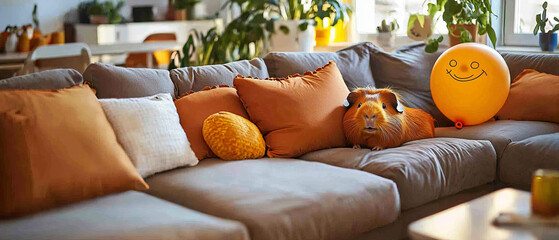 Guinea pig relaxing on a cozy couch with orange pillows and a smiley balloon