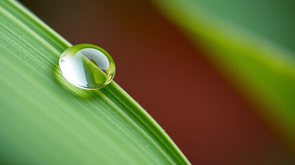 Close-Up of Dewdrop on Green Leaf in Morning Light