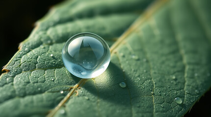 Close-Up of Dewdrop on Green Leaf in Morning Light