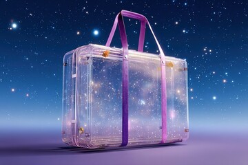 Unique transparent suitcase with a cosmic design set against a starry background at night