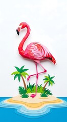 Obraz premium Pink flamingo papercraft tropical island ocean summer art design illustration exotic bird vacation art