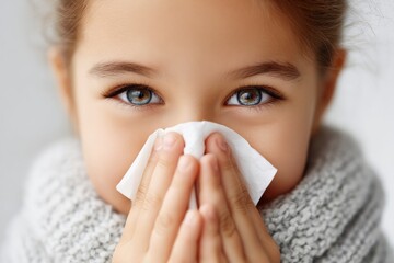 Close-up of a young child holding a tissue to their nose.