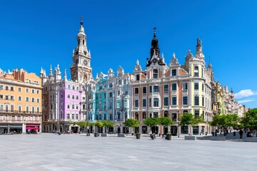 Fototapeta premium Colorful Buildings and Plaza in a Sunny Cityscape