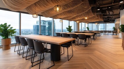 Fototapeta premium Modern office meeting space with large tables, panoramic city views, and stylish decor