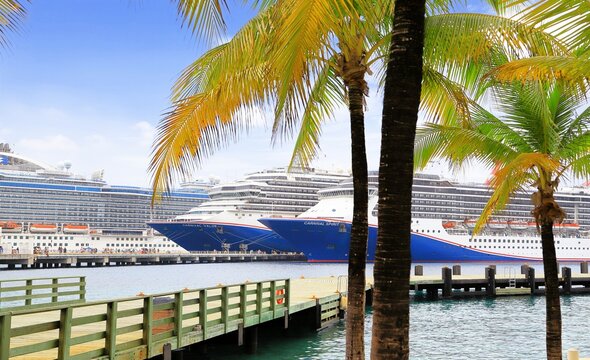 Cozumel, Mexico - March 26, 2024: Cruise ships docked at port Cozumel. The island is a popular Caribbean cruise destination
