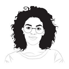A black and white line drawing depicts a smiling person with voluminous curly hair and round glasses, wearing a simple t-shirt and looking directly at the viewer.