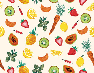 Trendy Hand drawn summer Fruits and Vegetable , Alfresco Dining seamless pattern Hand drawn Illustration Vector