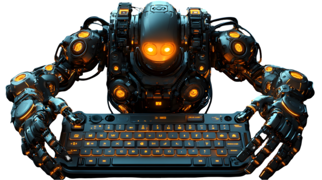 robot with multiple mechanical arms typing on a floating virtual keyboard, realistic textures