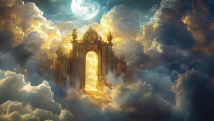 Golden gate to heaven, clouds, moon