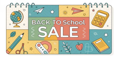 Back to School Sale Ad Globe, Paper Plane, Calculator and Stationary Items, ,promotion