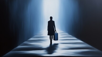 Obraz premium Silhouette of a woman walking with suitcase in a dramatic hallway