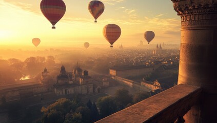 Obraz premium Sunrise hot air balloons over ancient city (1)