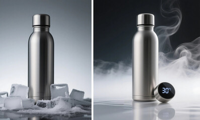 Insulated Stainless Steel Water Bottle Temperature Test Showing Cold Ice Cubes and Hot Steam Split Display