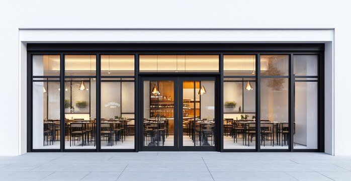 Modern restaurant storefront with large black-framed windows showcasing an interior with wooden tables, chairs, and a bar, illuminated by warm pendant lights.
