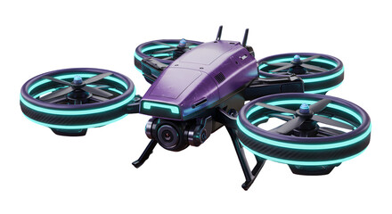 A futuristic drone in purple and silver, with glowing propellers and neon blue lights, hovering mid-air.