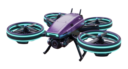 A futuristic drone in purple and silver, with glowing propellers and neon blue lights, hovering mid-air.