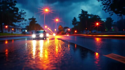 wet road reflects city lights on a rainy night, blurred motion and reflections create moody vibe