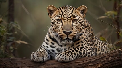 Naklejka premium Majestic leopard resting on a log in the wild