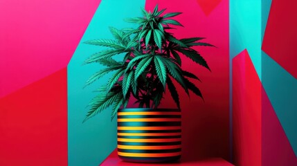 This vivid image showcases a cannabis plant in a modern striped pot, beautifully contrasting with bright geometric backgrounds, creating an eye-catching aesthetic.