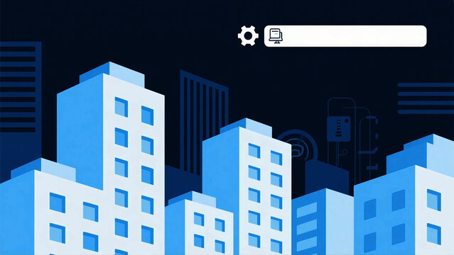 Blue toned cityscape illustration with a top search bar