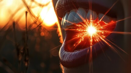 An intriguing image portraying a mouth that releases a burst of light, symbolizing expression and energy, set against a dramatic sunset backdrop, merging natural beauty with artistry.