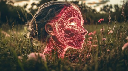 An evocative image showcasing a woman's side profile with glowing facial outlines, surrounded by verdant grass and flowers, symbolizing the fusion of life, nature, and artistic expression.