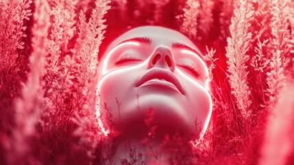 A mesmerizing close-up of a woman's face glowing in red tones, immersed within a field of sumptuous grass, evoking sensations of creativity, passion, and the beauty of nature.