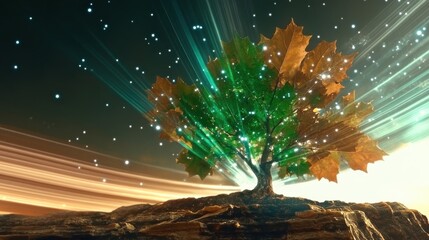A magnificent tree stands illuminated amidst a cosmic backdrop of radiant light beams, symbolizing growth, energy, and the magical connection between nature and the universe.