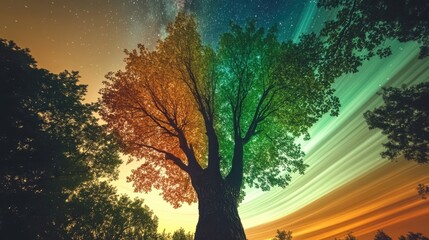 A strikingly colorful tree stands beneath a swirling starry sky, blending natural beauty with cosmic elements, representing the harmony between earth and the universe in a dreamlike scene.