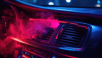 Car interior at night, colorful smoke