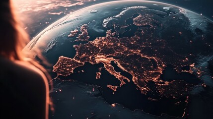 An awe-inspiring view of Europe illuminated at night from space highlights the vibrant lights of cities, symbolizing the interconnectedness of humanity and the wonders of our planet.