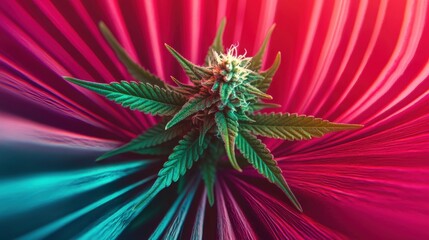 A striking close-up of a cannabis flower against a vivid, colorful backdrop, highlighting its intricate details and vibrant colors, showcasing its natural beauty and allure.