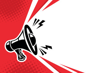 Loudspeaker, megaphone with lightings on red background. Vector template for copy you text in pop art style