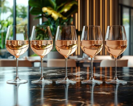 Five glasses of ros? wine on a marble bar