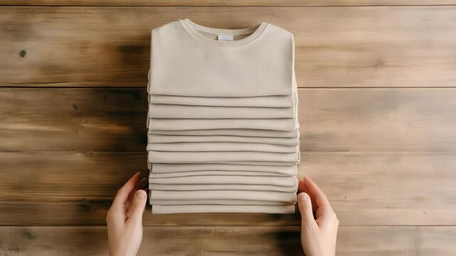 A pair of hands holds a neatly folded stack of beige t-shirts on a wooden table.