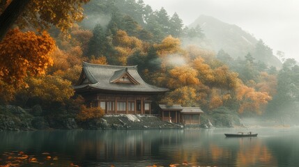 Peaceful autumn scene by a serene lake with a traditional wooden house.